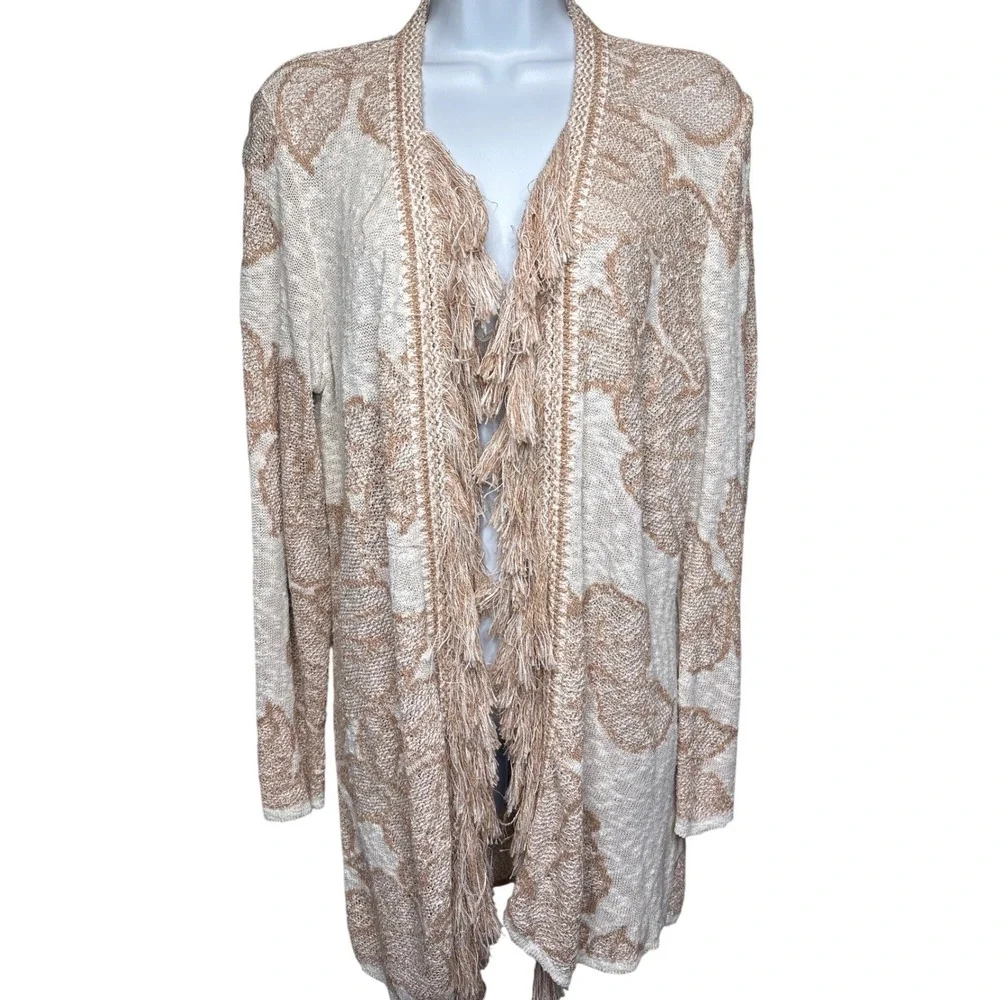 NIC+ZOE Tan Floral Fringe Open Front Cardigan L Longline Southwestern Boho-Chic